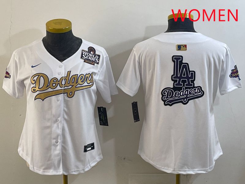 Women Los Angeles Dodgers Blank White Champion gold character 2025 Nike MLB Jersey style 21->women mlb jersey->Women Jersey